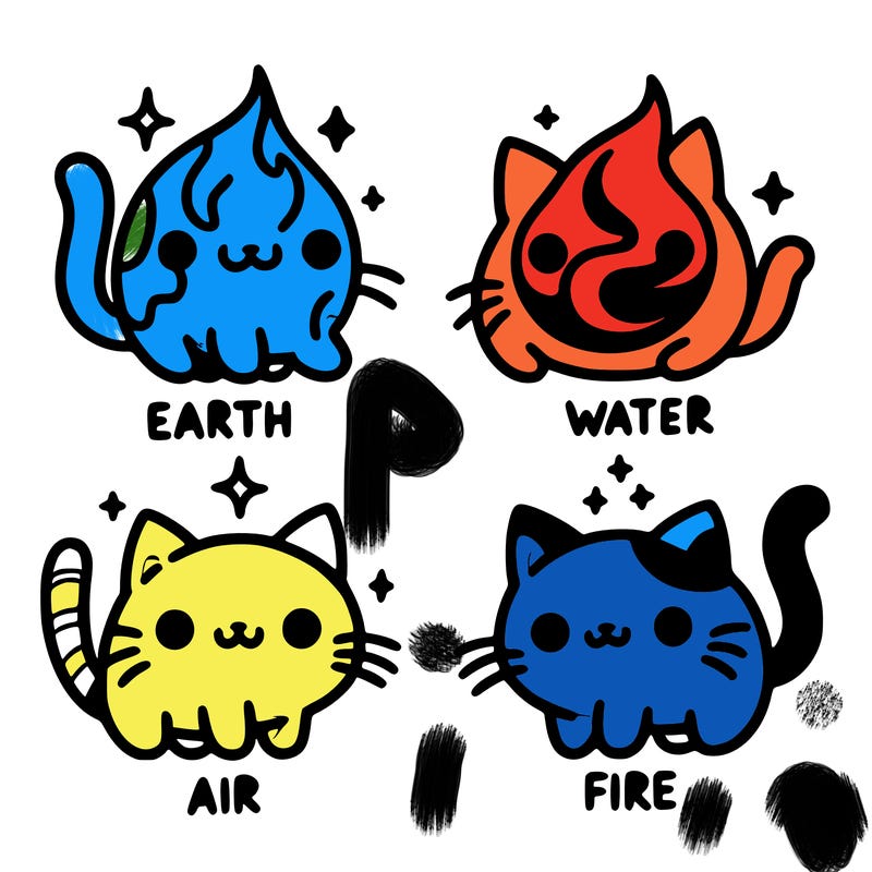 4 cats that represent the different elements, earth, water, air, and fire