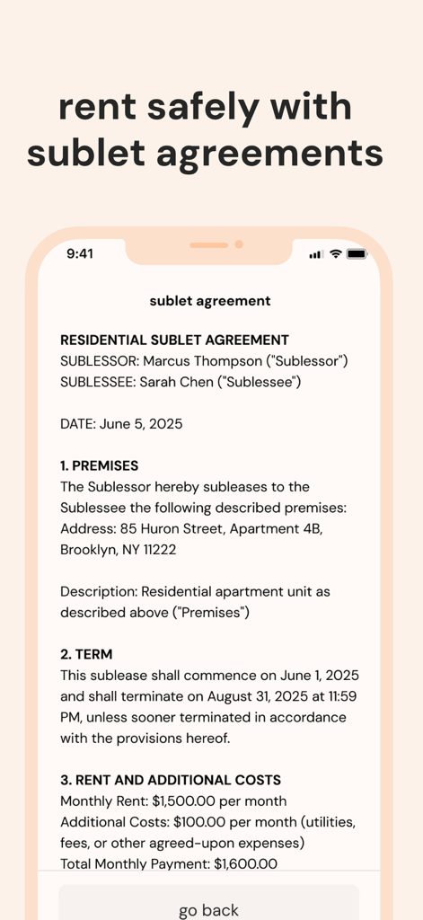 snag sublets - A mobile screen showing a residential sublet agreement document within the snag sublets app