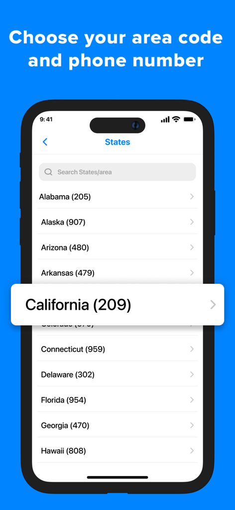 Une liste d'États américains et d'indicatifs régionaux pour choisir un deuxième numéro de téléphone.