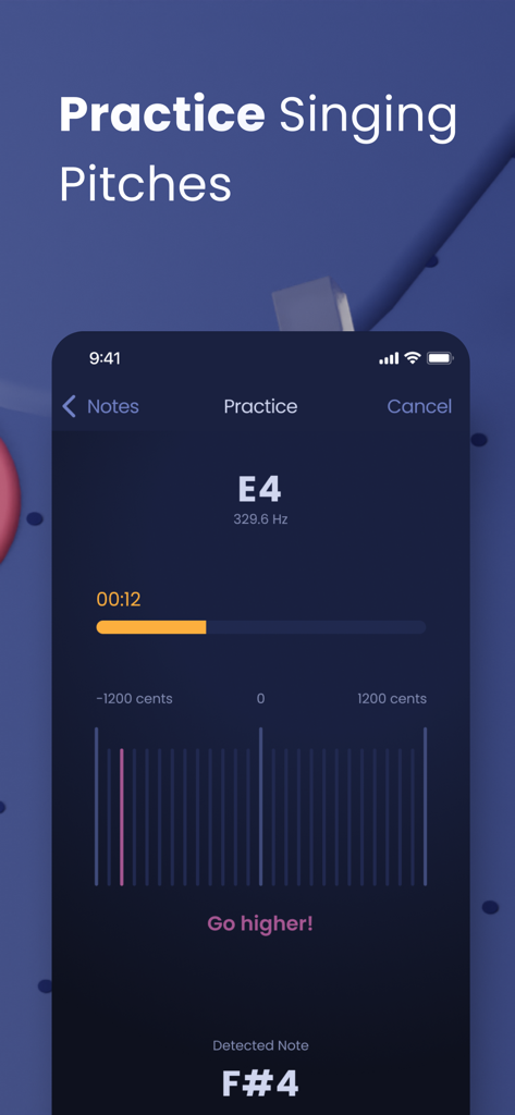 Voice Whiz app interface showing real time pitch practice with target note E4 and detected note F#4
