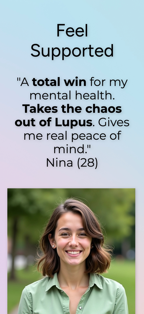 Lupus Journey - A user testimonial for the Lupus Journey app featuring a smiling woman and positive feedback about mental health support.