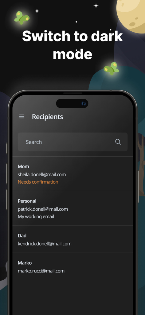 AdGuard Mail & Temp Mail - AdGuard Mail app recipients list interface in dark mode showing email alias management