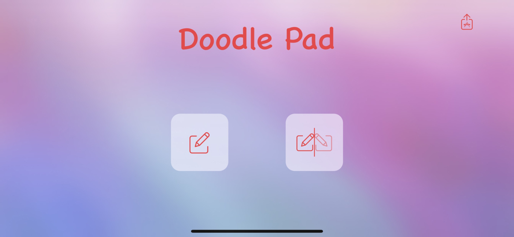 Hauptmenü der Doodle Pad App mit Auswahl-Icons für Freihandzeichnen und Spiegel-Symmetrie-Zeichenmodi