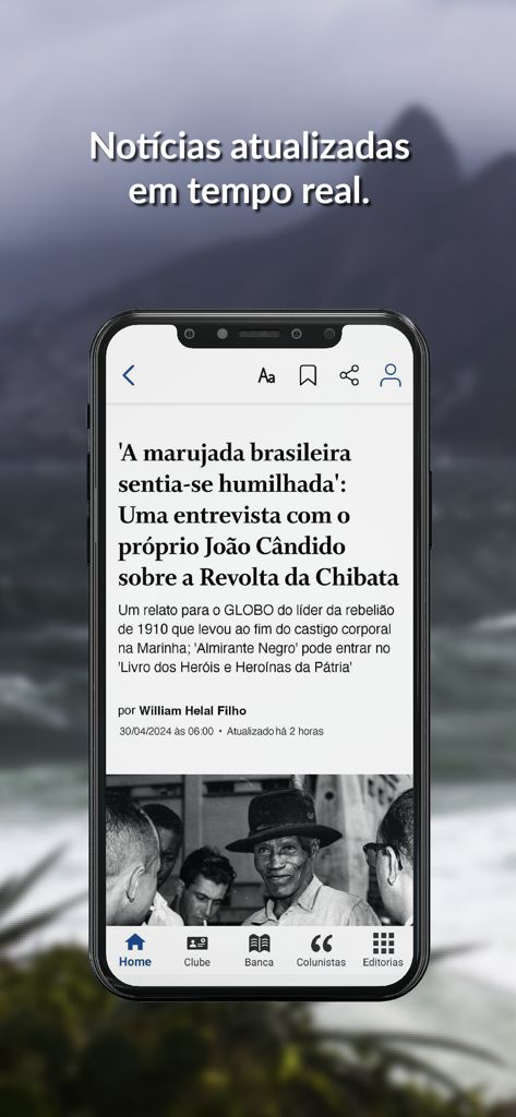 O Globo mobile news app interface showing an article on an iPhone with real time news text
