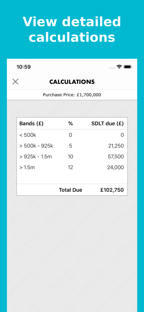 Detailed breakdown of UK Stamp Duty Land Tax calculations showing tax bands and totals