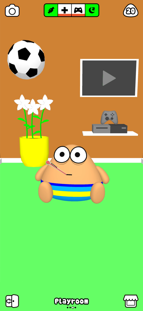Pou virtual pet in a playroom with a thermometer in its mouth