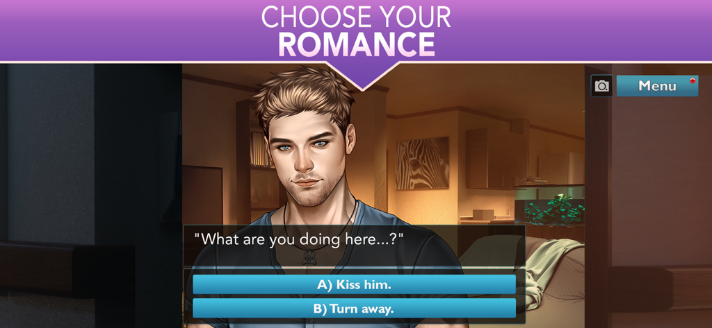 Is It Love? Blue Swan Hospital - Eine Visual-Novel-Szene aus Is It Love Blue Swan Hospital mit einer männlichen Figur und Dialogoptionen, um ihn zu küssen oder sich abzuwenden