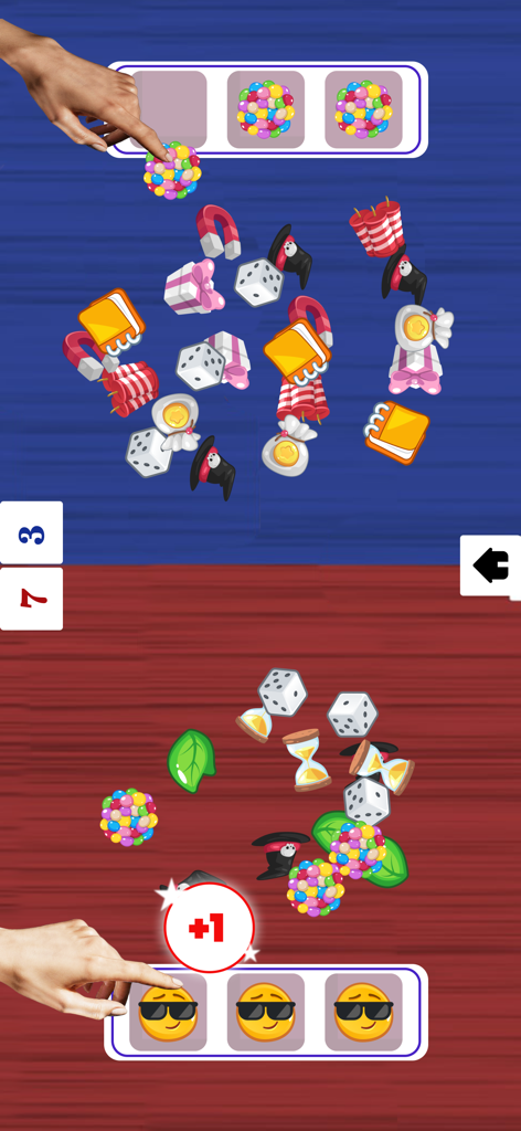 1 2 Player Games,Offline Games - Vue en écran partagé d'un jeu Match Triple pour deux joueurs avec des mains faisant glisser des objets colorés dans des emplacements