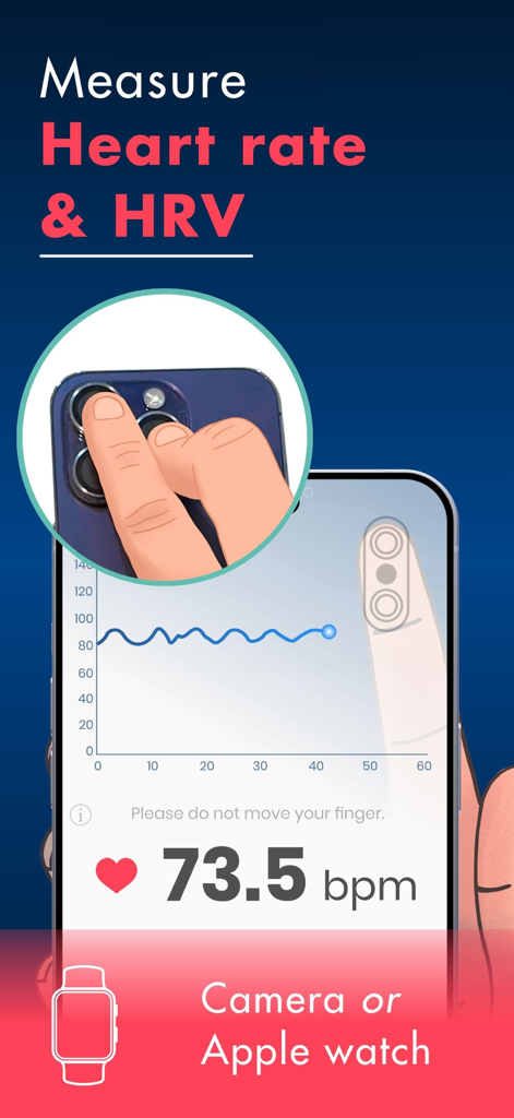 A smartphone screen showing real-time heart rate and HRV measurement using the device camera and Apple Watch integration