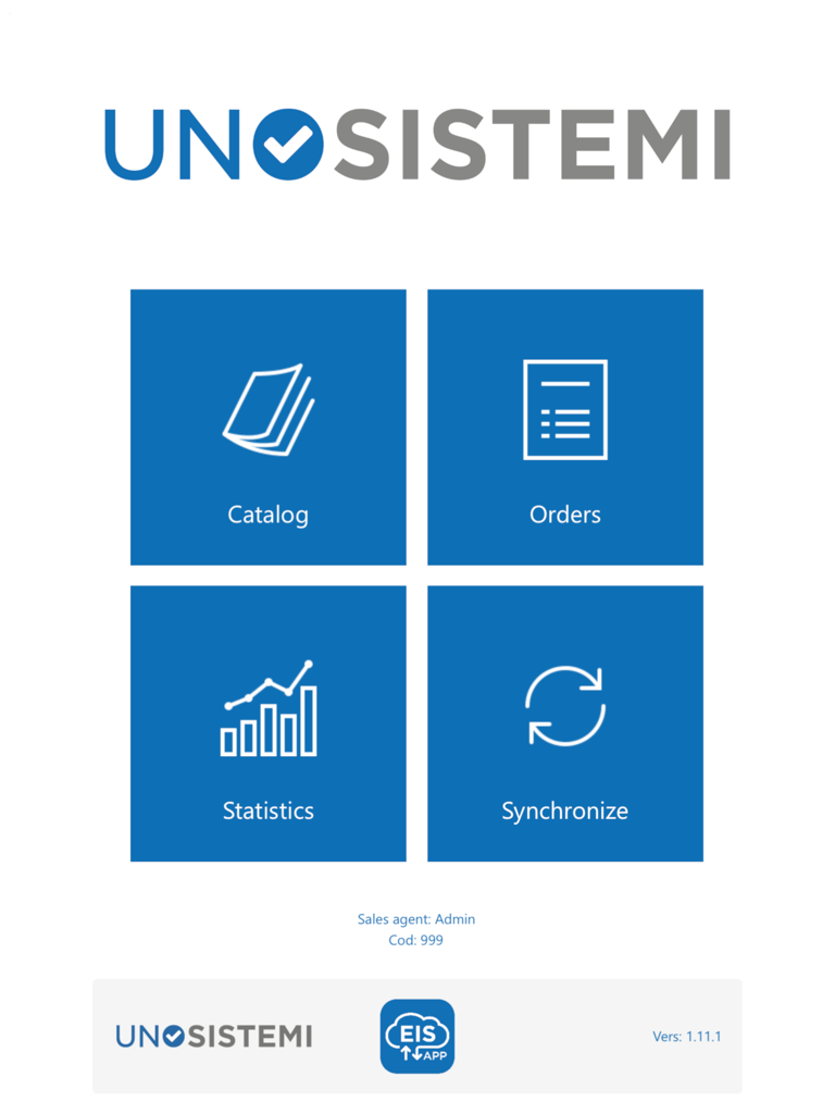 Painel principal do aplicativo de vendas EIS mostrando botões para catálogo de produtos, pedidos, estatísticas e sincronização de dados