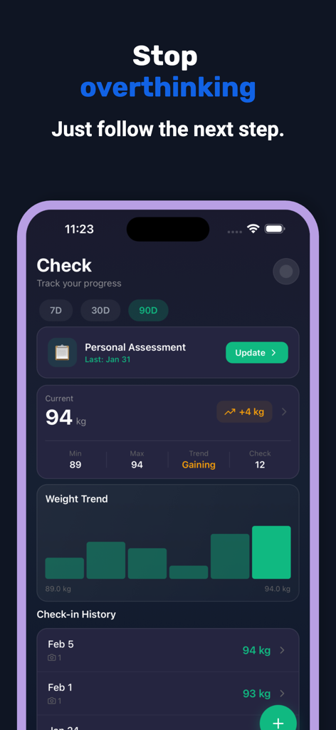 Arvo: AI Workout Coach - Arvo AI Workout Coach mobile app screen for tracking weight progress and check-in history