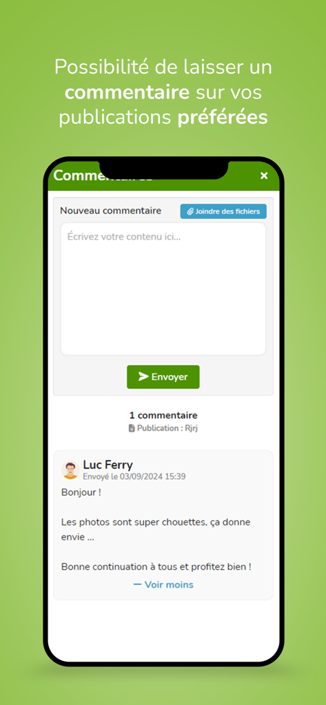 A mobile interface from the OnDonneDesNouvelles app showing a comment section for parents to interact with school trip posts