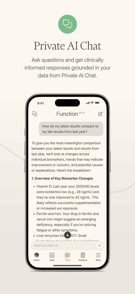 Interface of the Function Health app showing a private AI chat window comparing current lab results with previous years data for biomarkers like Vitamin D and Ferritin.