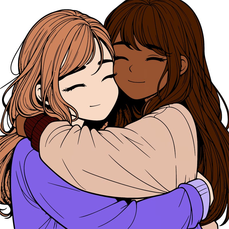 realistic two girls hugging