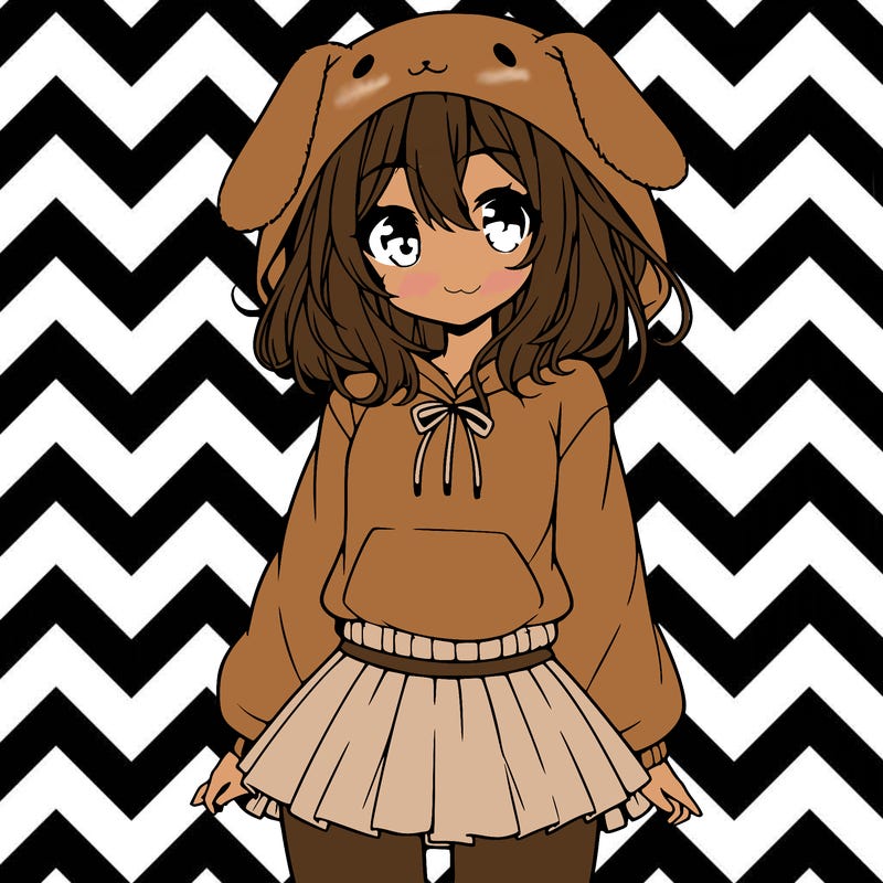 pretty anime girl wearing a fluffy hoodie with bunny ears on the hood and a skirt