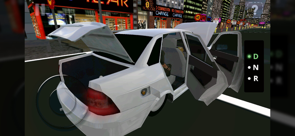 Car Simulator Priorik - A white car with open trunk and doors in a city at night showing interactive simulator elements