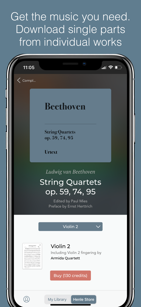 Henle Library - Henle Library app store showing Beethoven String Quartets Urtext edition with option to purchase single parts