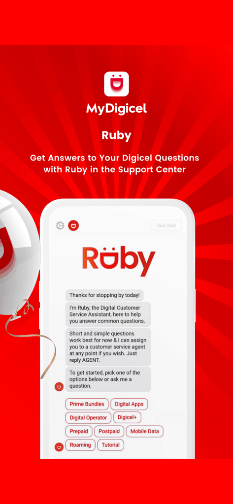 MyDigicel - Ruby digital customer service assistant in the MyDigicel app
