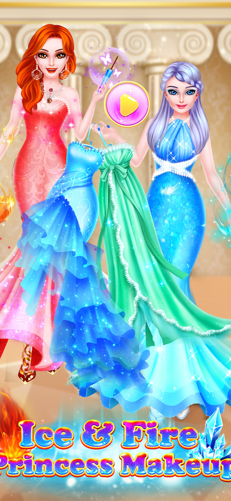 Ice VS Fire Princess Makeup - メイクアップゲームで、火と氷を表現する2人の魔法のプリンセスが美しいドレスの隣に立っています。