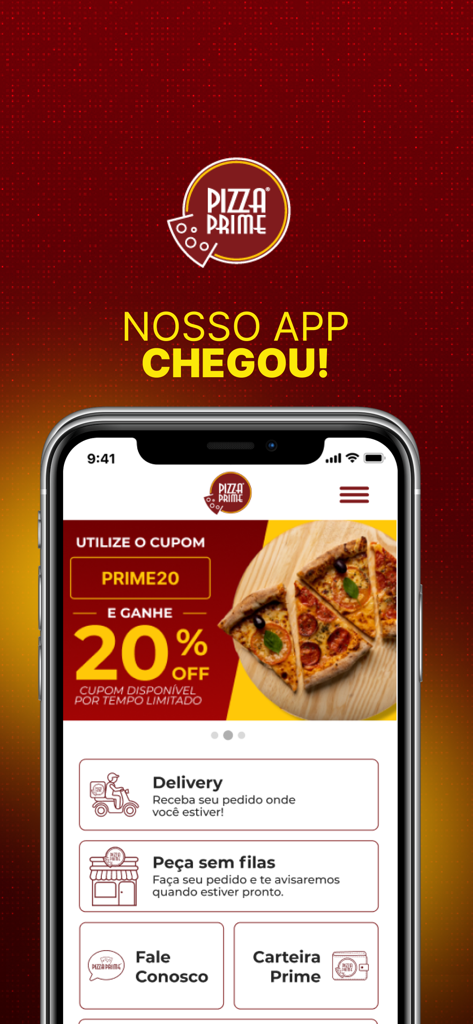 Pantalla de inicio de la app Pizza Prime Delivery con un cupón de descuento del 20 por ciento y opciones para entrega y recogida.