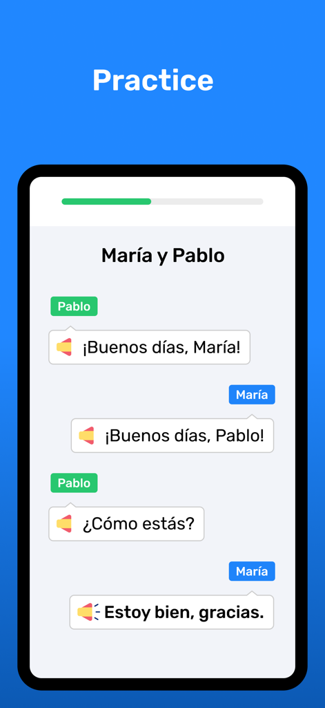 Spanish conversation practice dialogue in the Wlingua app showing a basic exchange between two characters