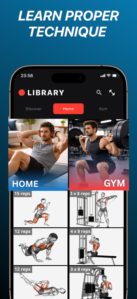 Bibliothèque d'exercices dans l'application FitBeast affichant les techniques d'entraînement à domicile et à la salle de sport