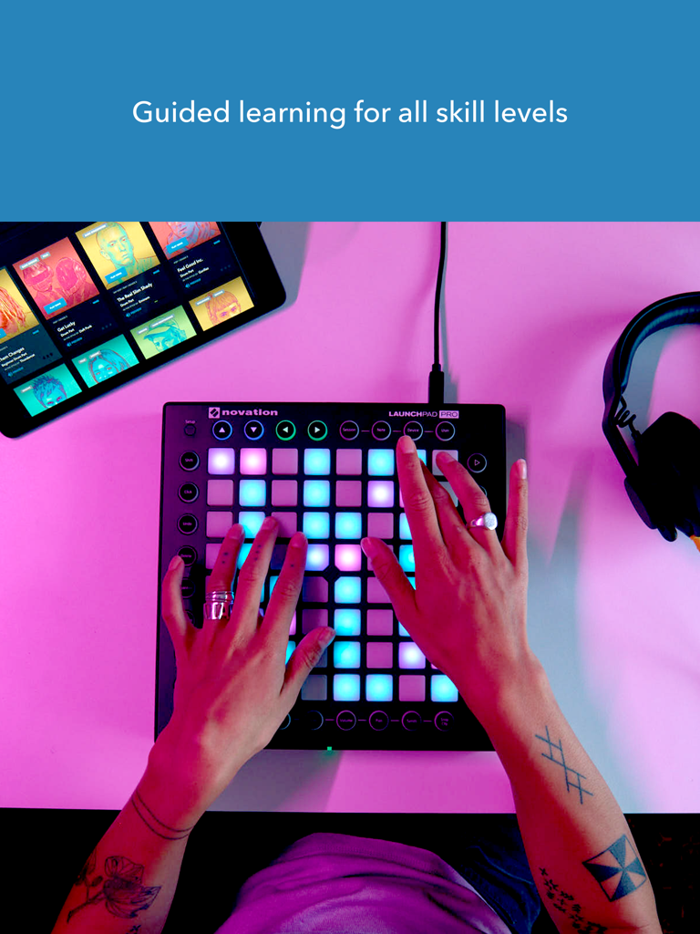 Melodics for iPad - A person practicing finger drumming on a Novation Launchpad MIDI controller with the Melodics app on iPad.