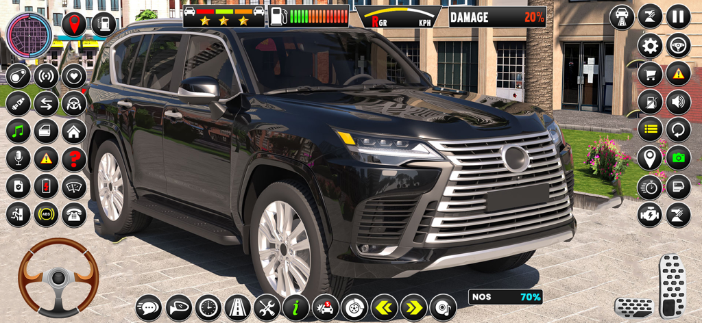 Driving School 3D : Car Games - A black luxury SUV in a driving school simulation game with a detailed control interface and city background.