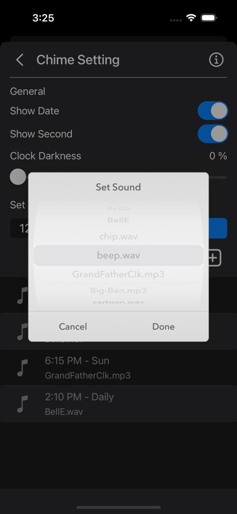Chime Clock - Chime Clock app interface showing custom sound selection for hourly alerts