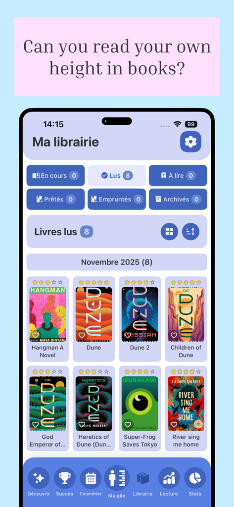 A digital library interface in the Book Nova app showing a collection of read books and tracking categories.