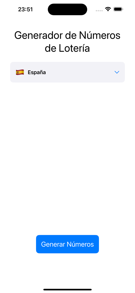 Numeros de loteria - La interfaz de usuario principal de la aplicación generadora de números de lotería para loterías españolas que muestra una selección de país y un botón para generar números