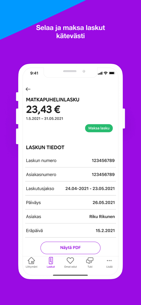 Minun Telia app screen showing mobile bill details and payment button