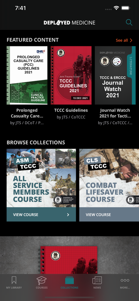 The Deployed Medicine mobile app dashboard showing featured trauma care guidelines and combat medical training courses.