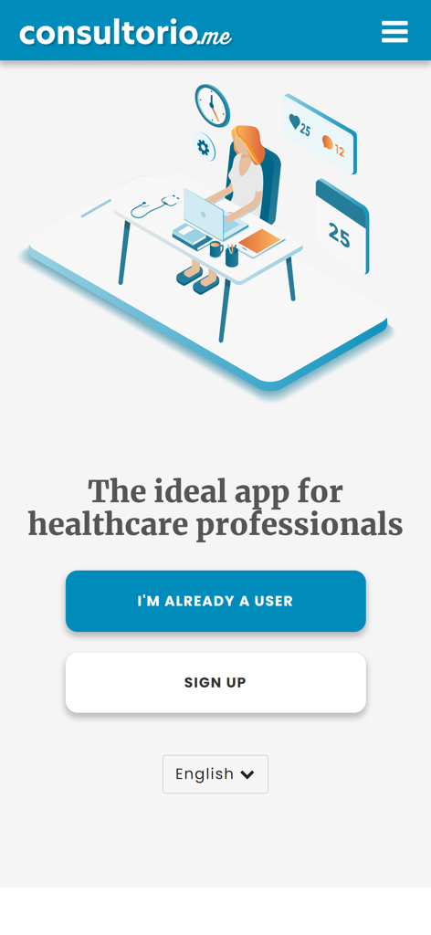 Consultorio.me mobile app landing page for healthcare professionals featuring a digital clinic illustration and sign up buttons