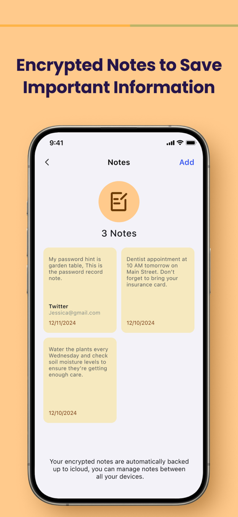MIX SafeNote Keeper - MIX SafeNote Keeper app interface displaying encrypted notes for passwords and reminders with iCloud backup.