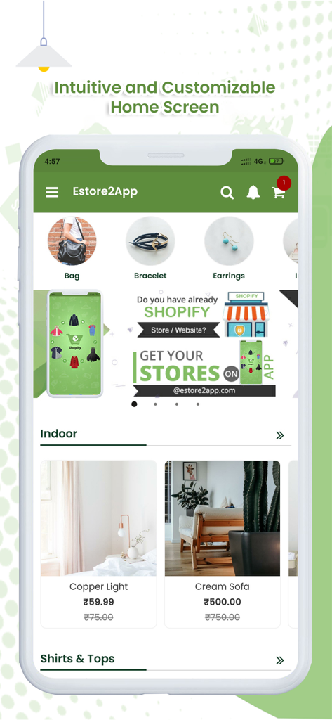 eStore2App for Shopifyのデモ。バッグやジュエリーなどのカテゴリ、ホームデコレーションの商品リストを備えたカスタマイズ可能なホーム画面を表示