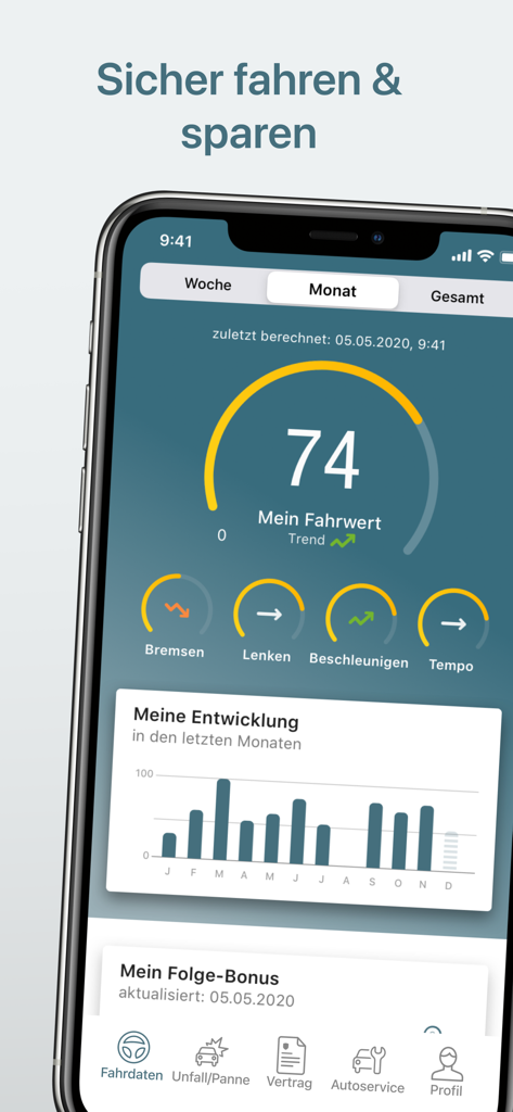 Dashboard dell'app HUK Mein Auto che mostra un punteggio di guida di 74 e metriche sul comportamento di guida