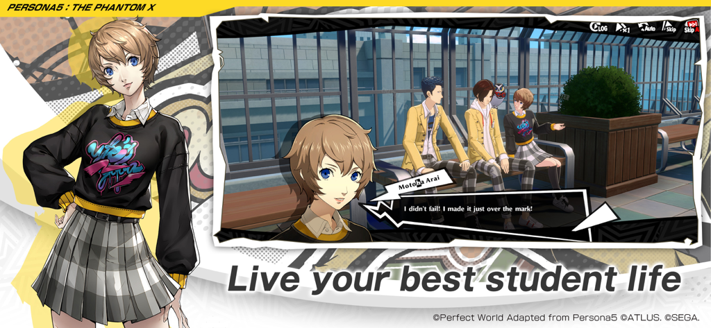 P5X | Persona5: The Phantom X - Une capture d'écran de Motoha Arai et ses amis dans Persona 5 The Phantom X avec le texte Vivez votre meilleure vie d'étudiant