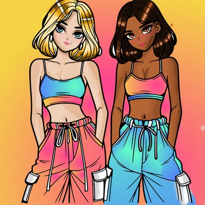 two girls with crop top with baggy pants