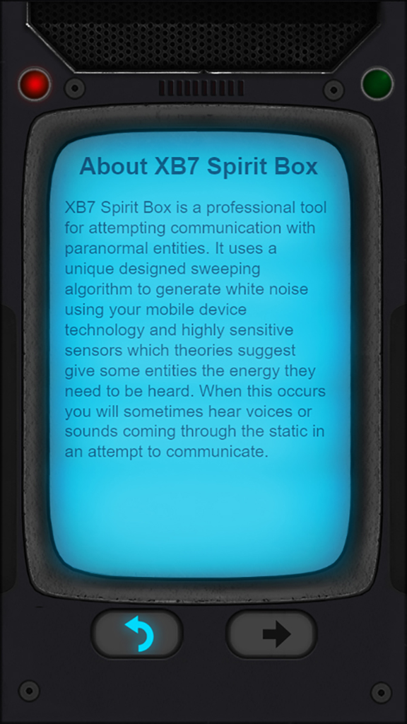 XB7 Pro Spirit Box - Pantalla informativa de la aplicación XB7 Pro Spirit Box que explica la herramienta de comunicación paranormal