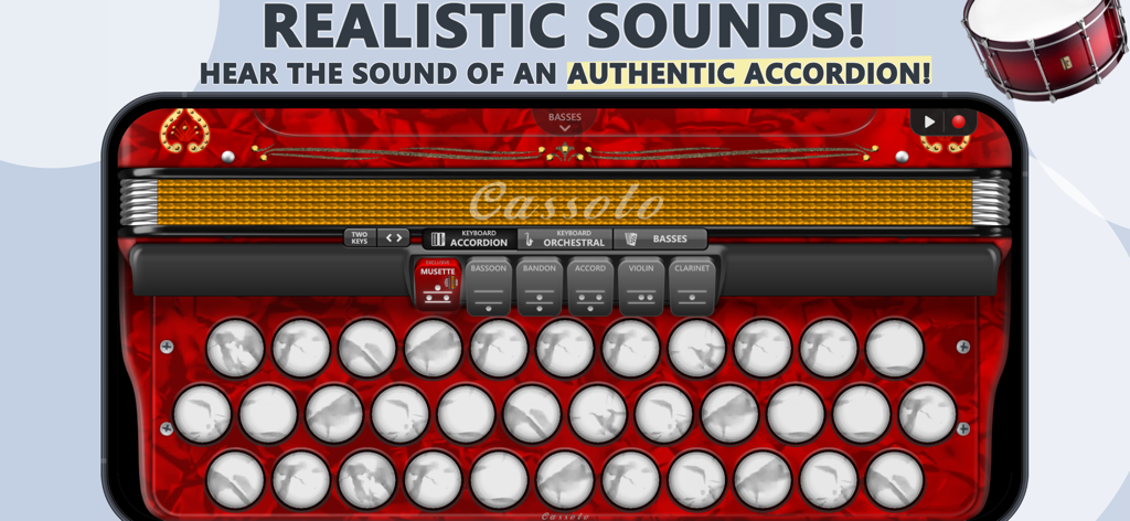 Accordion Diatonic Cassoto - Digital red diatonic accordion interface with realistic sound registers and buttons