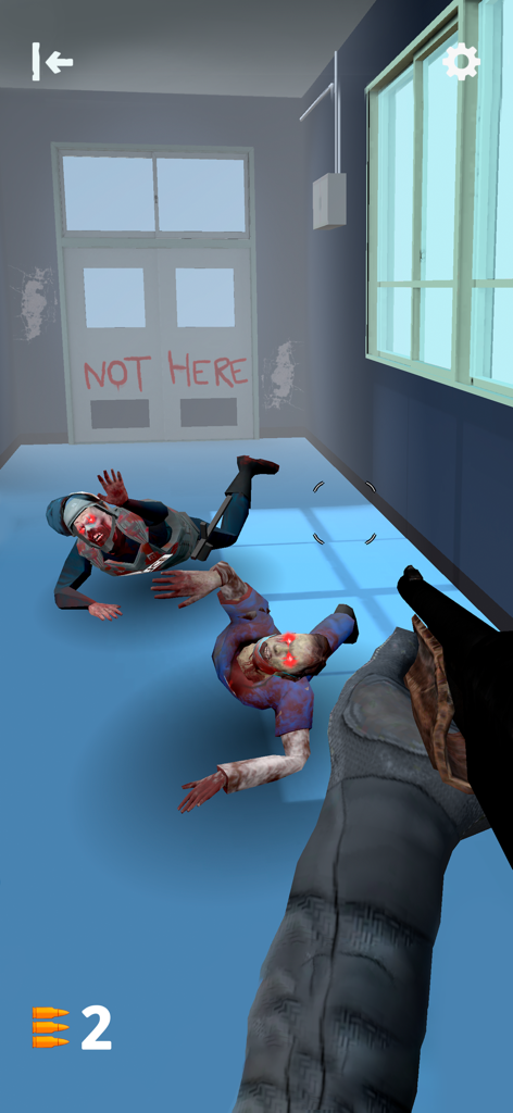 First person shooter gameplay showing zombies with glowing red eyes crawling towards the player in a corridor