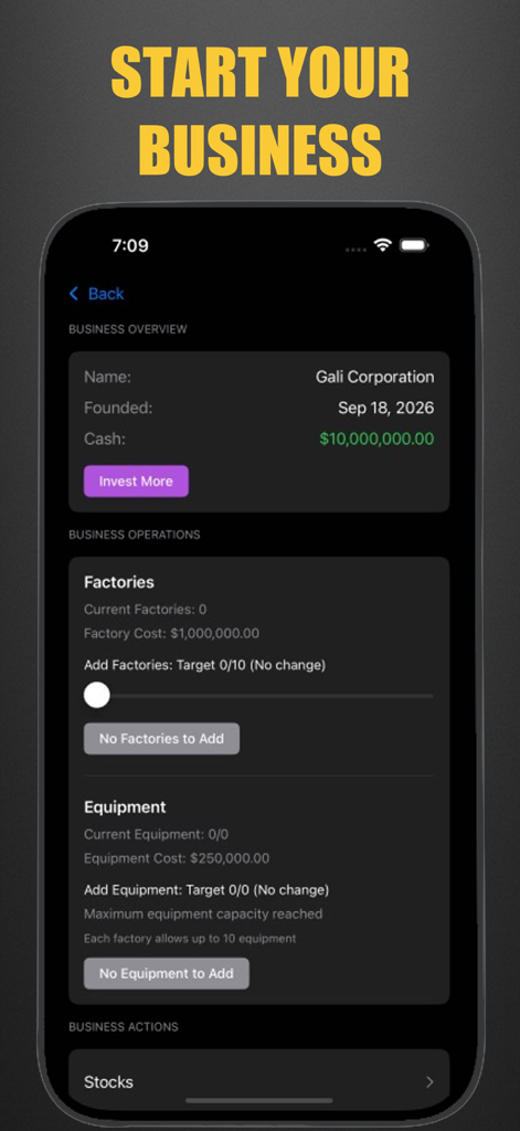 Invest Sim: Stock & Biz Tycoon - A mobile interface for the Invest Sim game showing a business overview with ten million dollars in cash and options to manage factories and equipment.