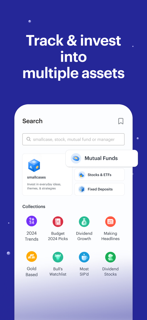 Smallcase app interface showing search and investment options for stocks mutual funds and fixed deposits