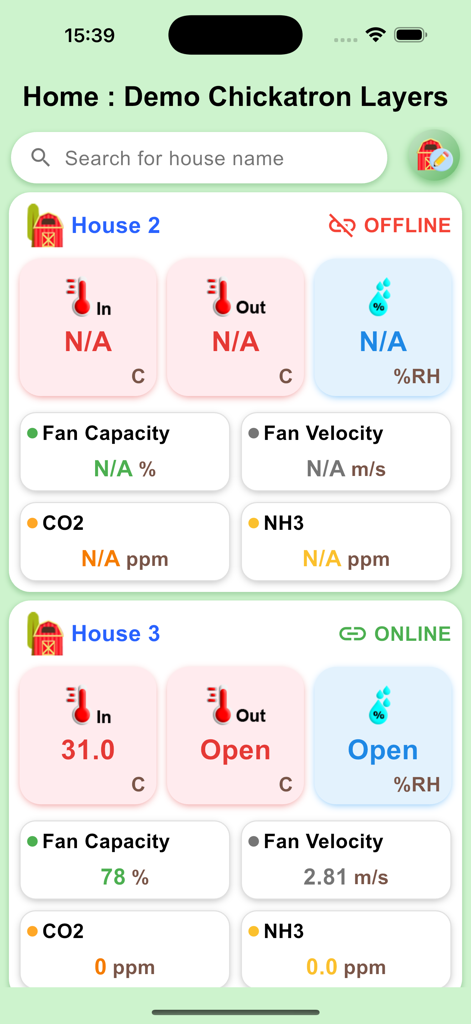 Chickatron Layers - Panel de la aplicación Chickatron Layers que muestra datos ambientales en tiempo real como temperatura y calidad del aire para naves avícolas