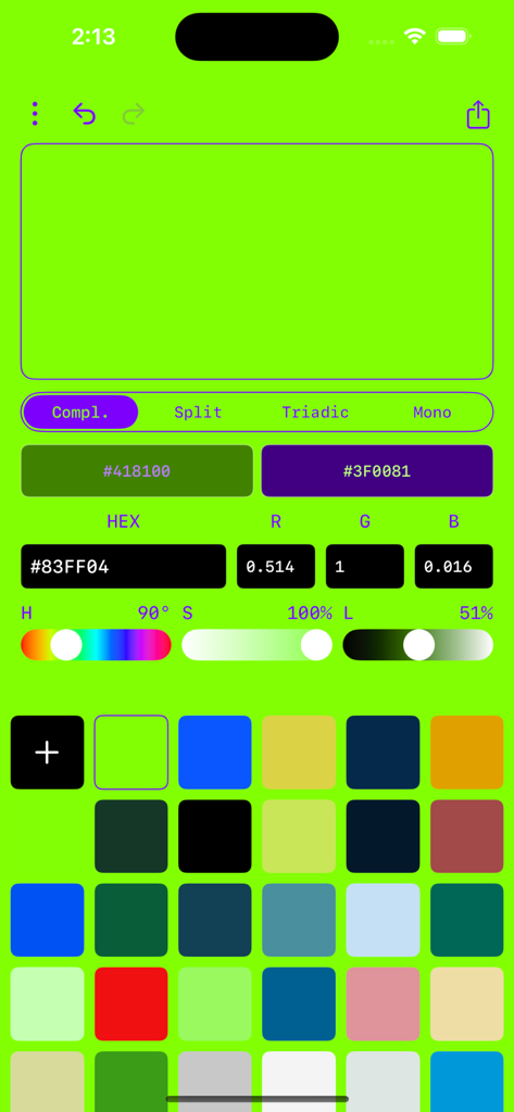 Color Picker – HEX, RGB, & HSL - Interface do aplicativo móvel para escolher cores com códigos HEX RGB e HSL e harmonias de paleta