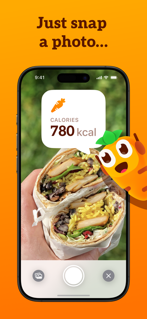 CalApp: AI Calorie Tracker - CalAppインターフェースが、ブリトーの写真を撮ってカロリー追跡のためのAI食品認識を表示
