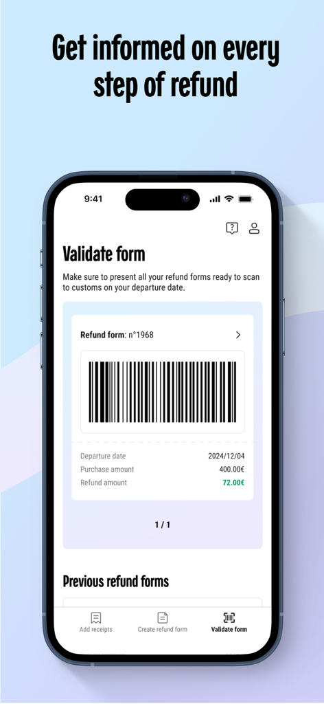 GOTAXFREE by GaleriesLafayette - A digital tax refund form in the GOTAXFREE app showing a barcode and estimated refund amount.