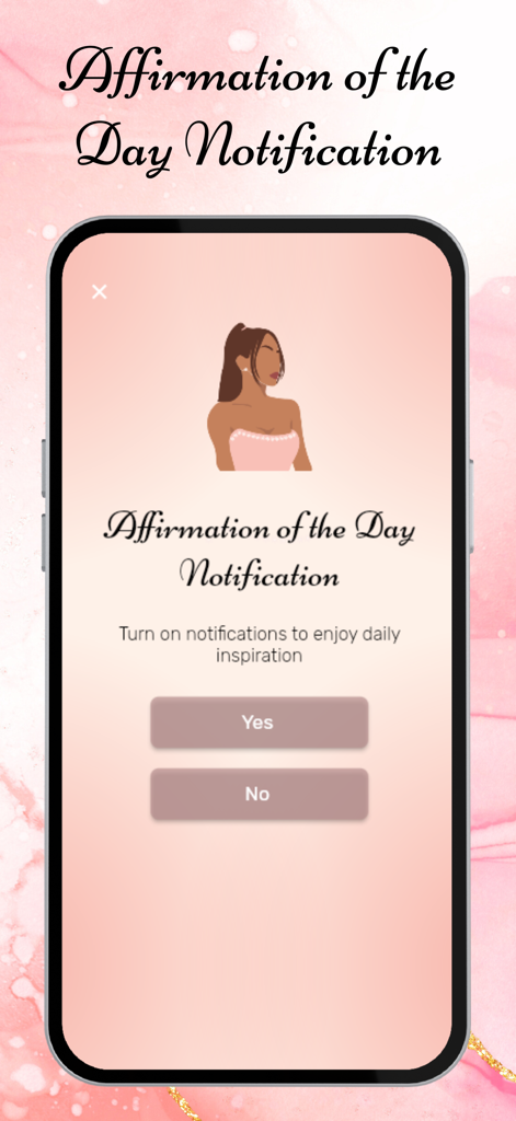 That Girl Affirmations - Pantalla estética de solicitud de notificación para Afirmación del Día con una ilustración femenina y fondo rosa.