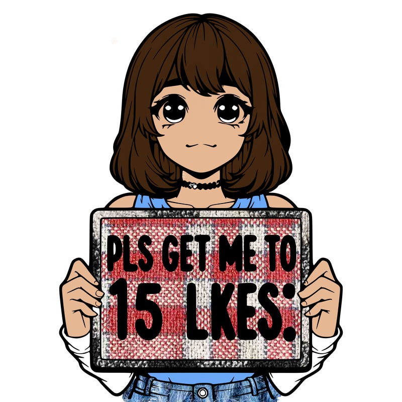 realistic girl holding up a sign that says “pls get me to 15 likes!”